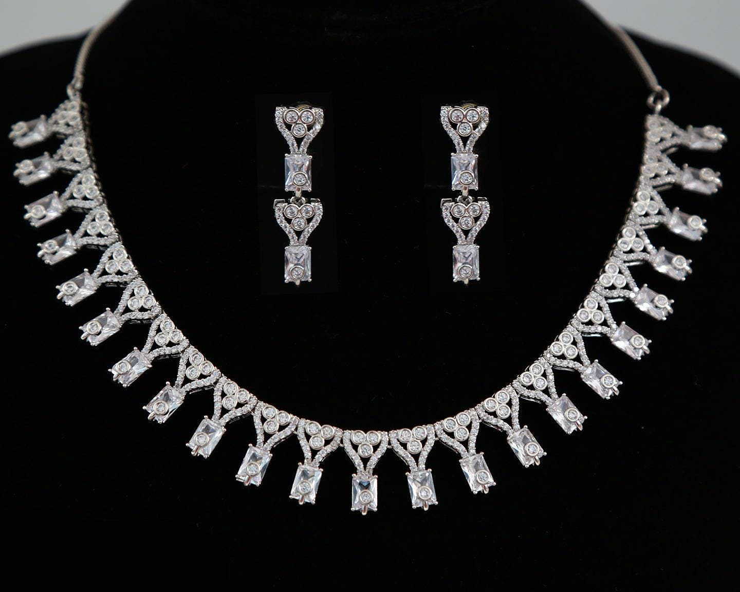 Rose Gold American diamond necklace set |CZ White stone necklace designs |Ruby Pink necklace and earring set |Multi color statement necklace