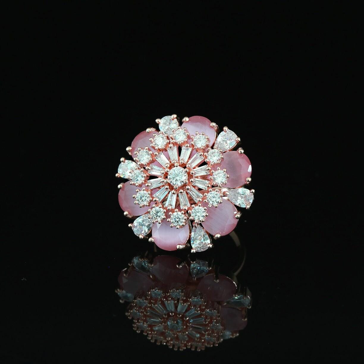 Shop beautiful designer rings | rose gold rings for woman | rings gift for her | trending fashion jewelry cz color stone flower design rings