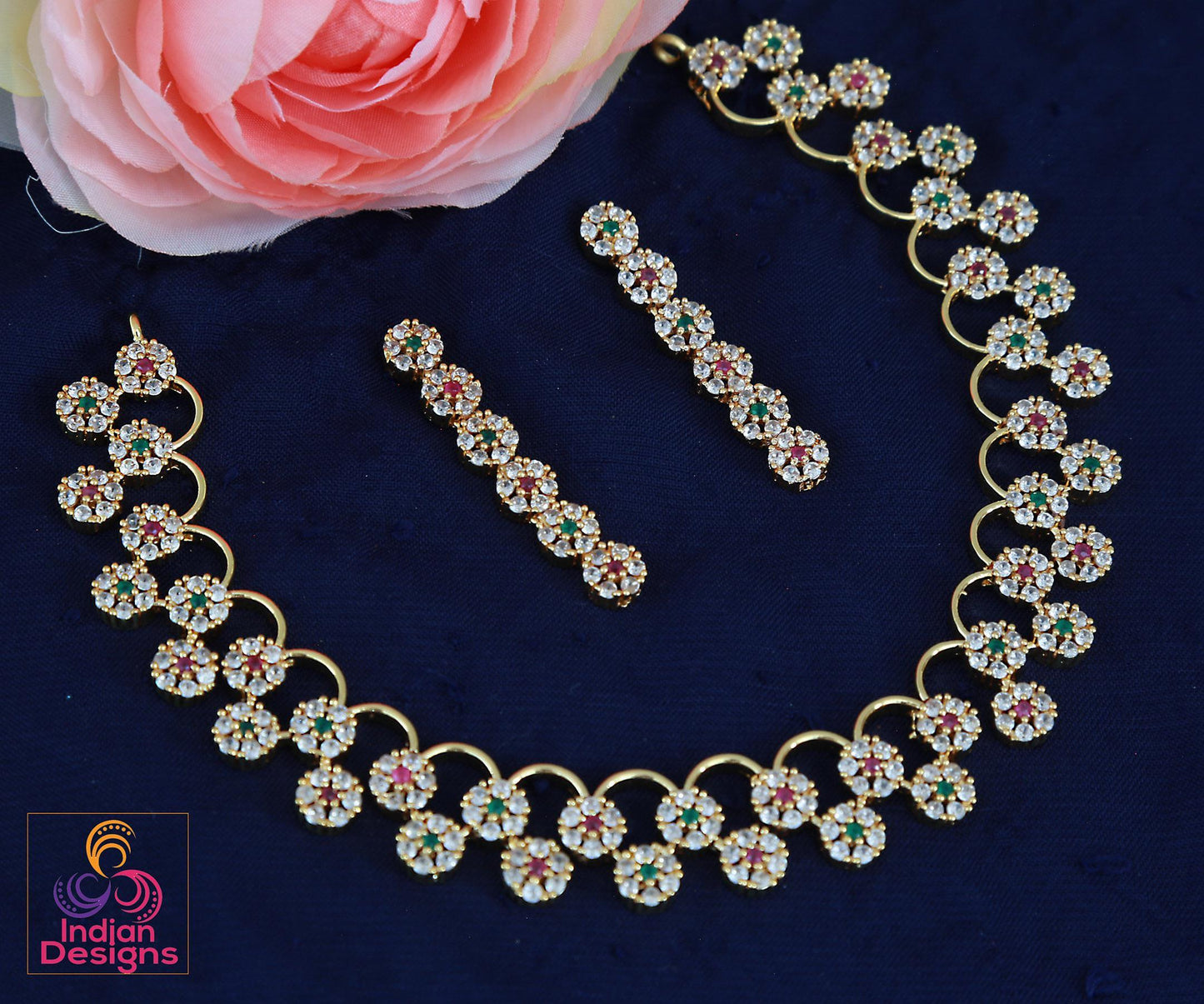 Pink & green american diamond necklace set with earrings| floral design cz choker simple necklace| indian jewelry online |south indian style