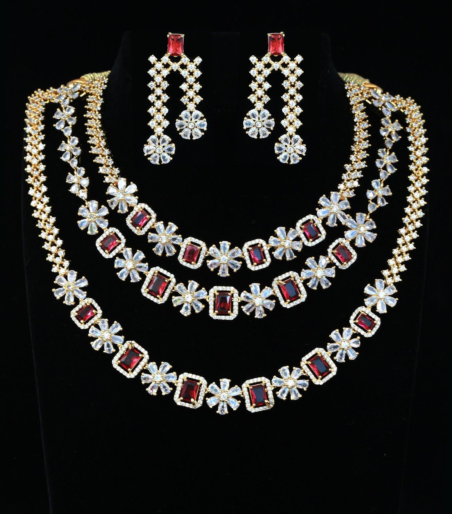 Bridal cz layered necklace set| american diamond wedding jewelry| multi-layered choker & earrings| available in white, red or pink stones
