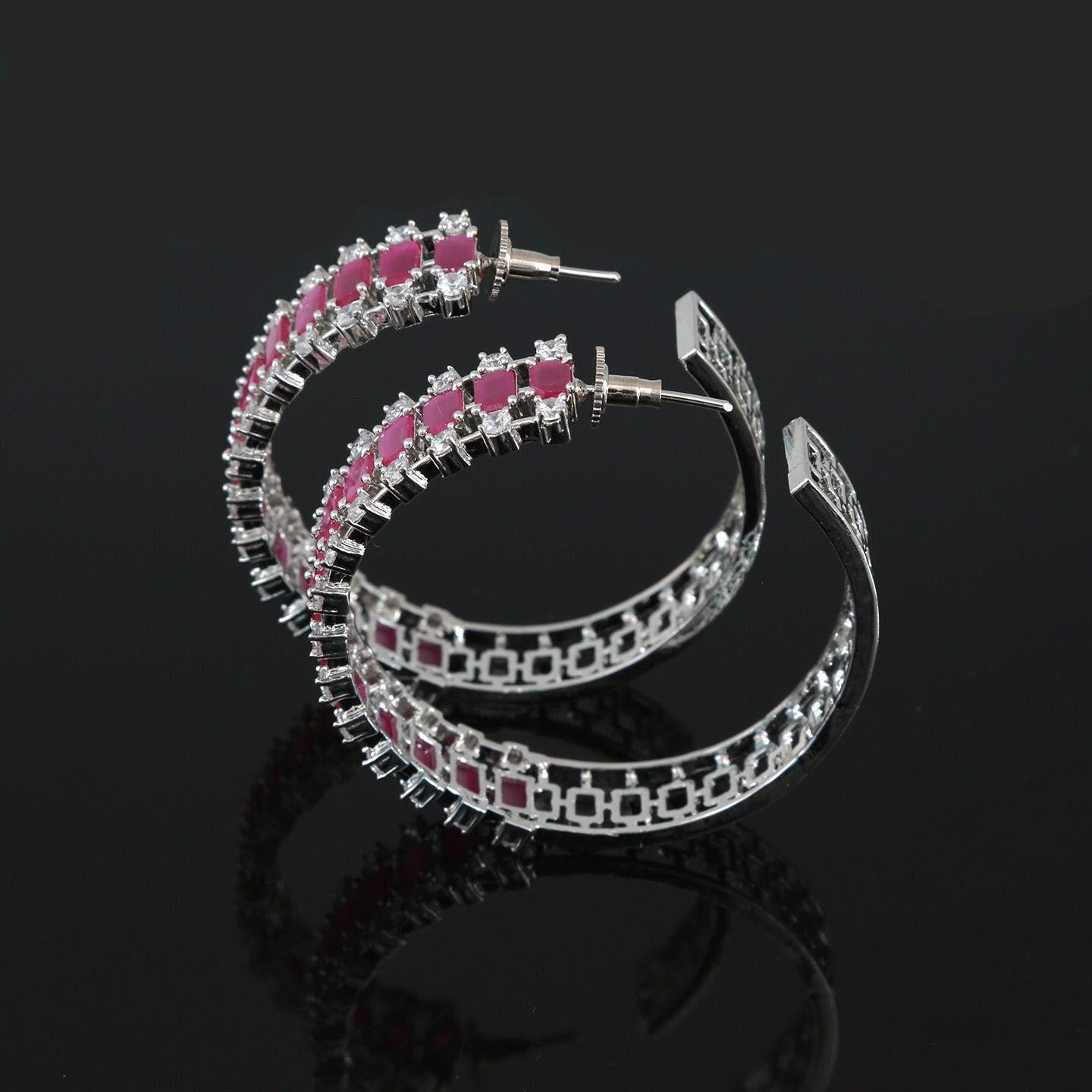 Rhodium plated large circle ad chandbali earrings | indian jewelry earrings | chand bali earrings for saree | cz diamond statement earrings