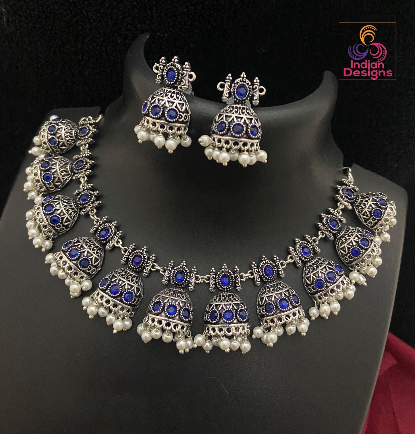 Silver Oxidized Skyblue stone German Silver necklace with Jhumka Earrings |Stone Studded Jhumki Necklace with faux pearl drops |Gift for her