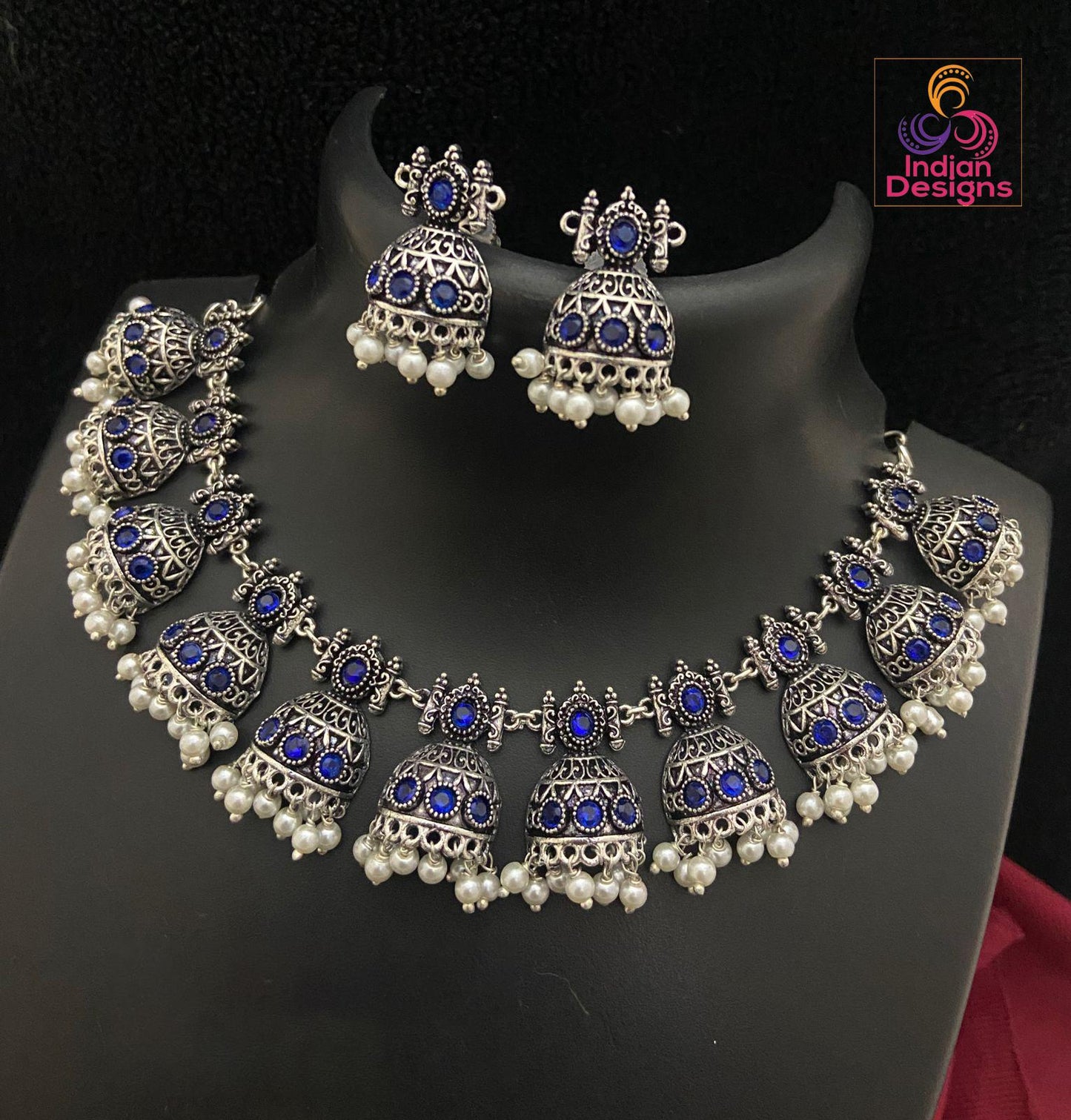 Indian oxidized silver jewelry set| german silver necklace with jhumka earrings| south indian jhumki necklace with pearl drops| gift for her