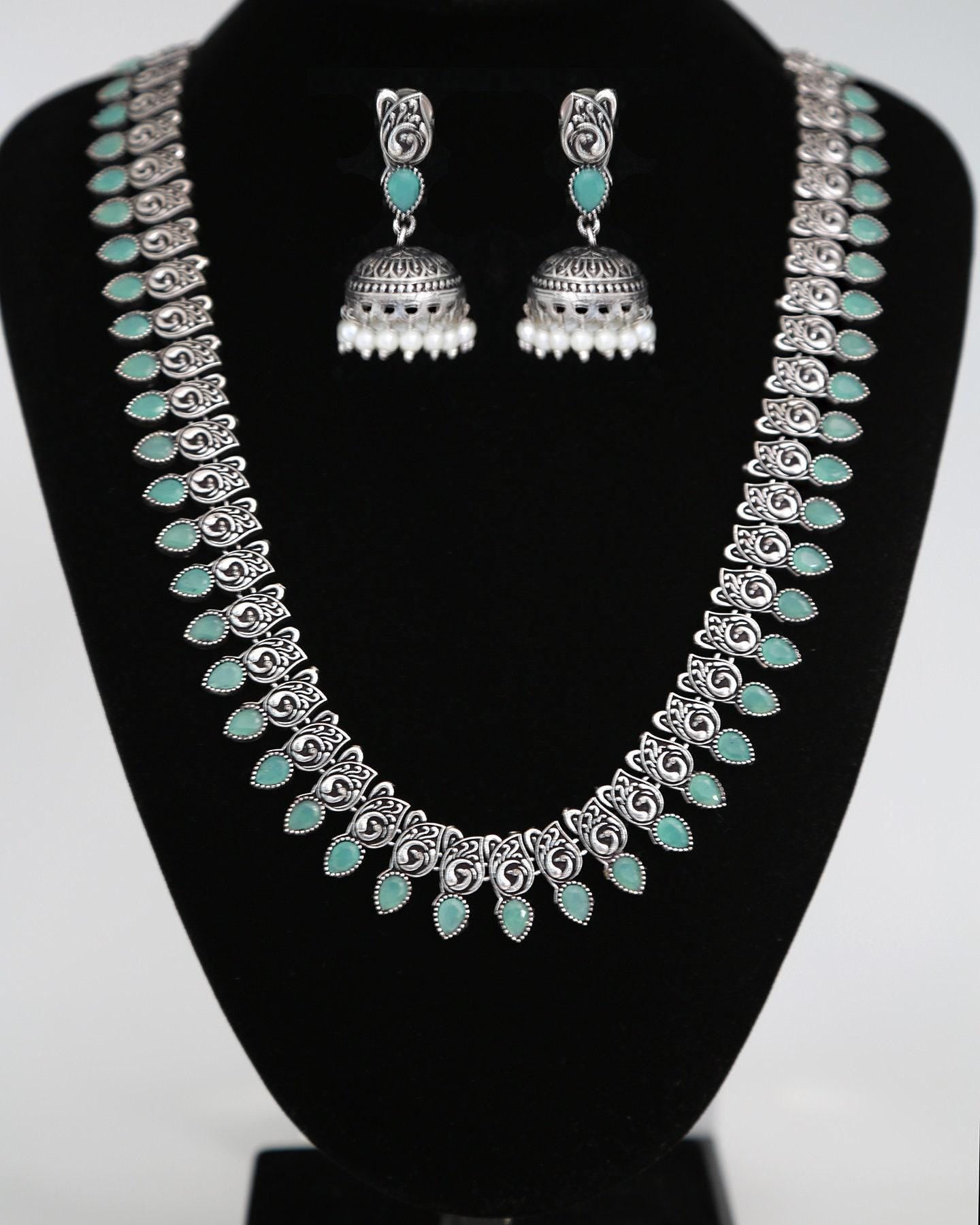 Oxidized silver long haram set with jhumka & nose pin | german silver long necklace jhumka jhumki | indian tribal jewelry | wedding necklace
