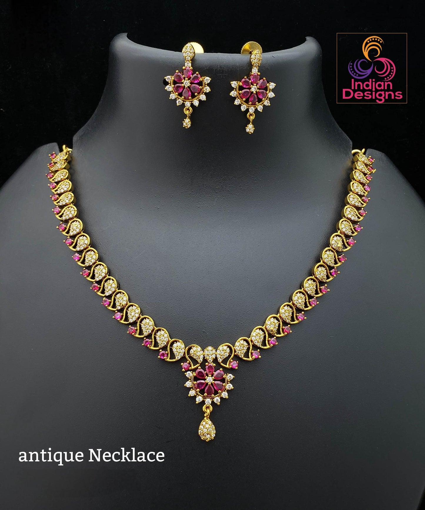 Antique gold ruby & green necklace earrings set| traditional ad stone choker| south indian wedding party wear jewelry set | gift for her
