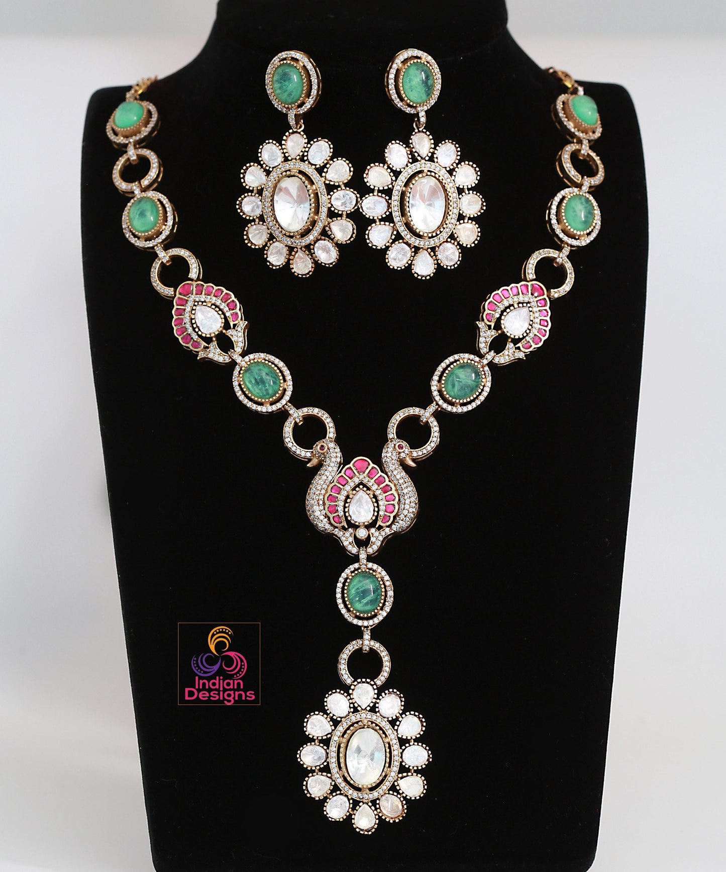 Kundan polki necklace set with green & white stones| bridal jewelry| traditional indian necklace set with earrings|statement necklace set