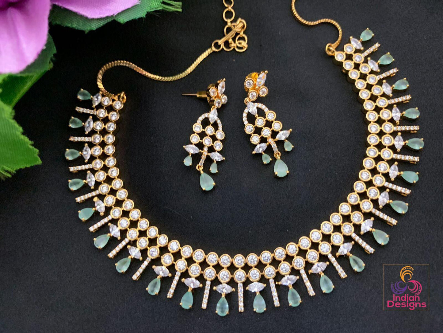 Gold-plated pink american diamond necklace jewelry | rose quartz crystal necklace | statement necklace and earring set | indian designs