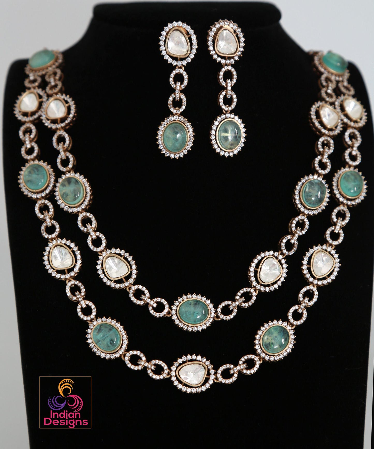 Doublet stone moissanite polki necklace & earring set| victorian gold emerald and pink kundan sabyasachi statement necklace set|gift for her