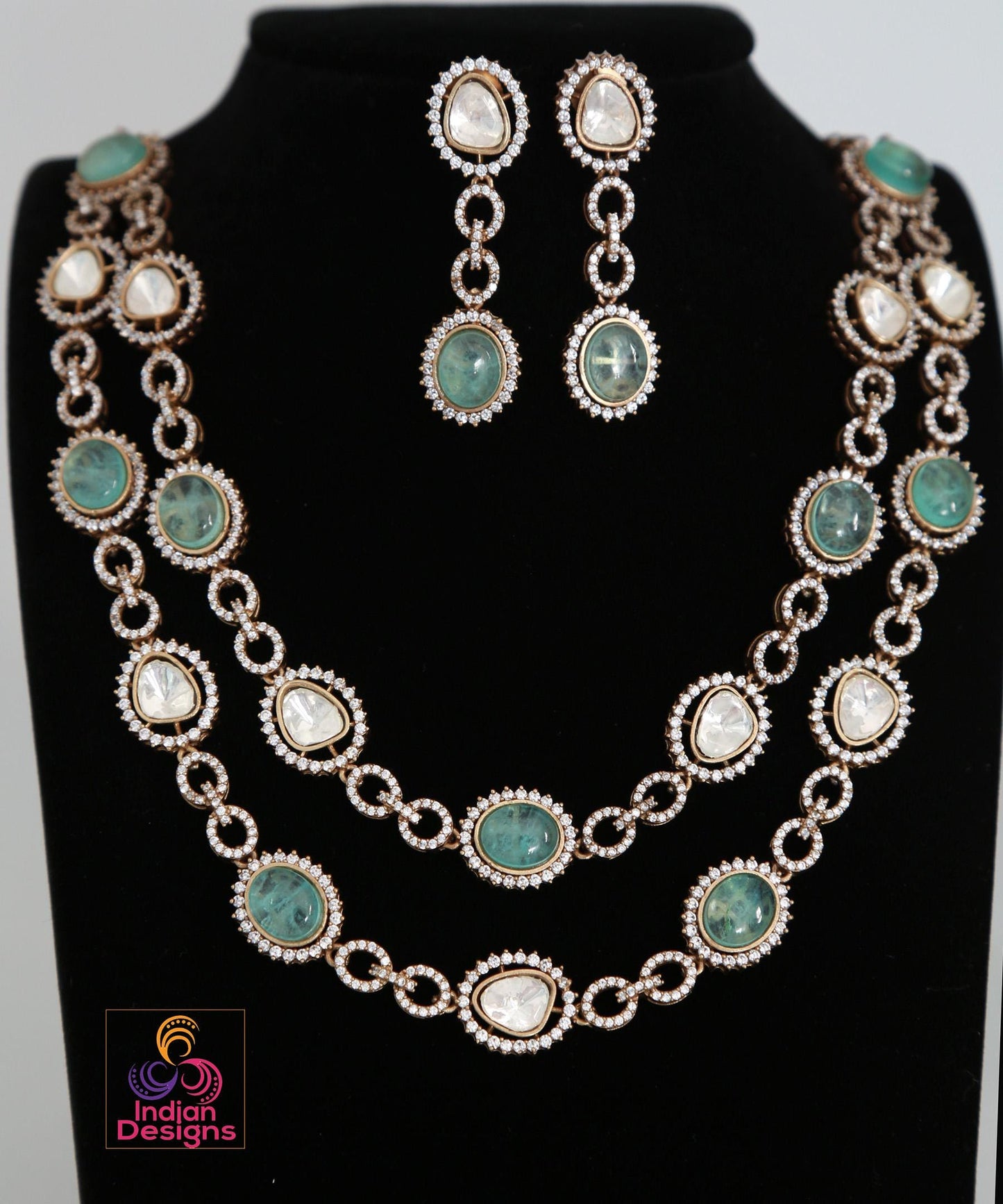 Doublet stone moissanite polki necklace & earring set| victorian gold emerald and pink kundan sabyasachi statement necklace set|gift for her