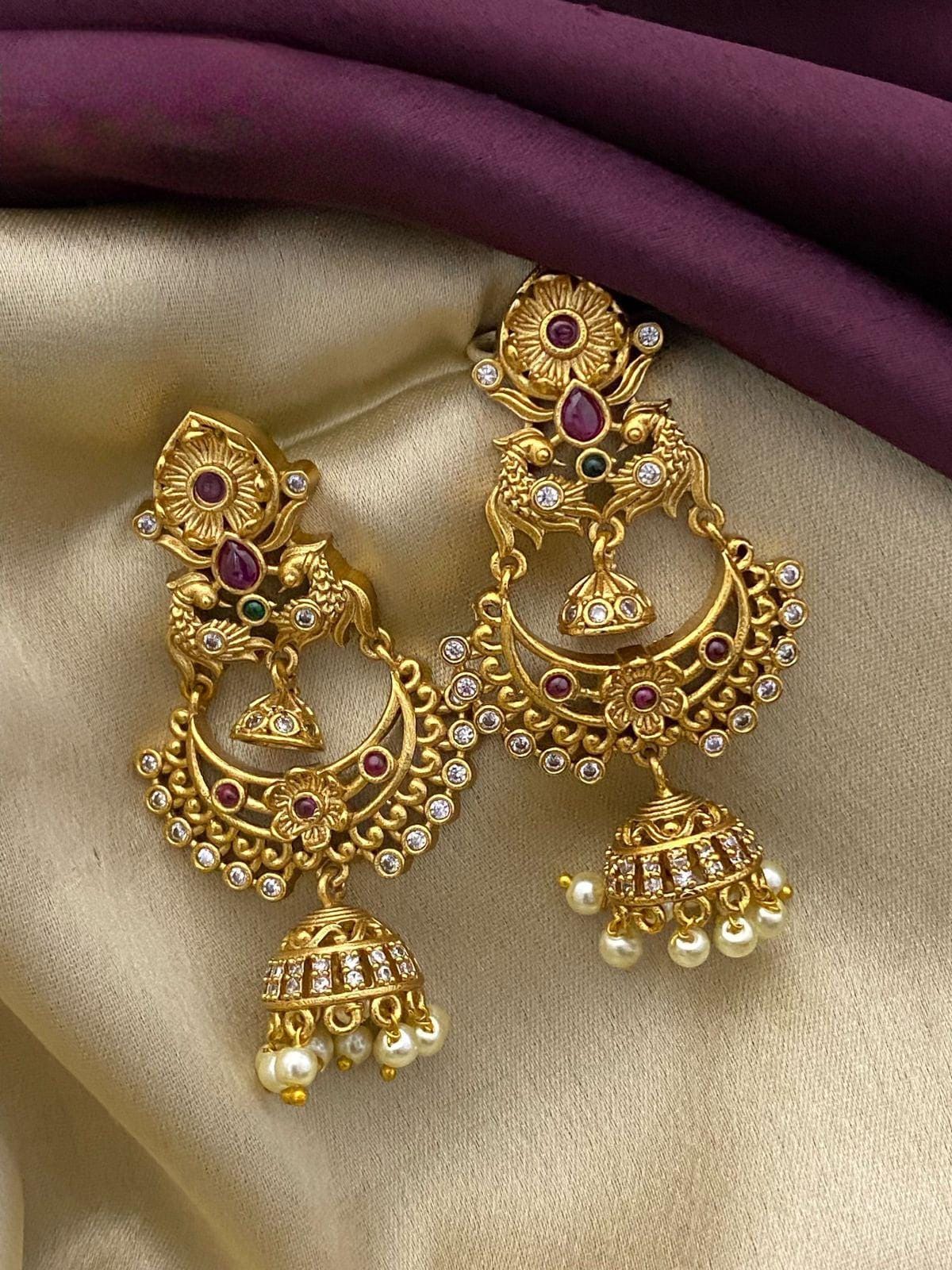 Matte Gold Finish Chandbali Earrings with Emerald and Pearl drops | Traditional Indian jewelry | Bollywood Style Drop and Dangle Earrings