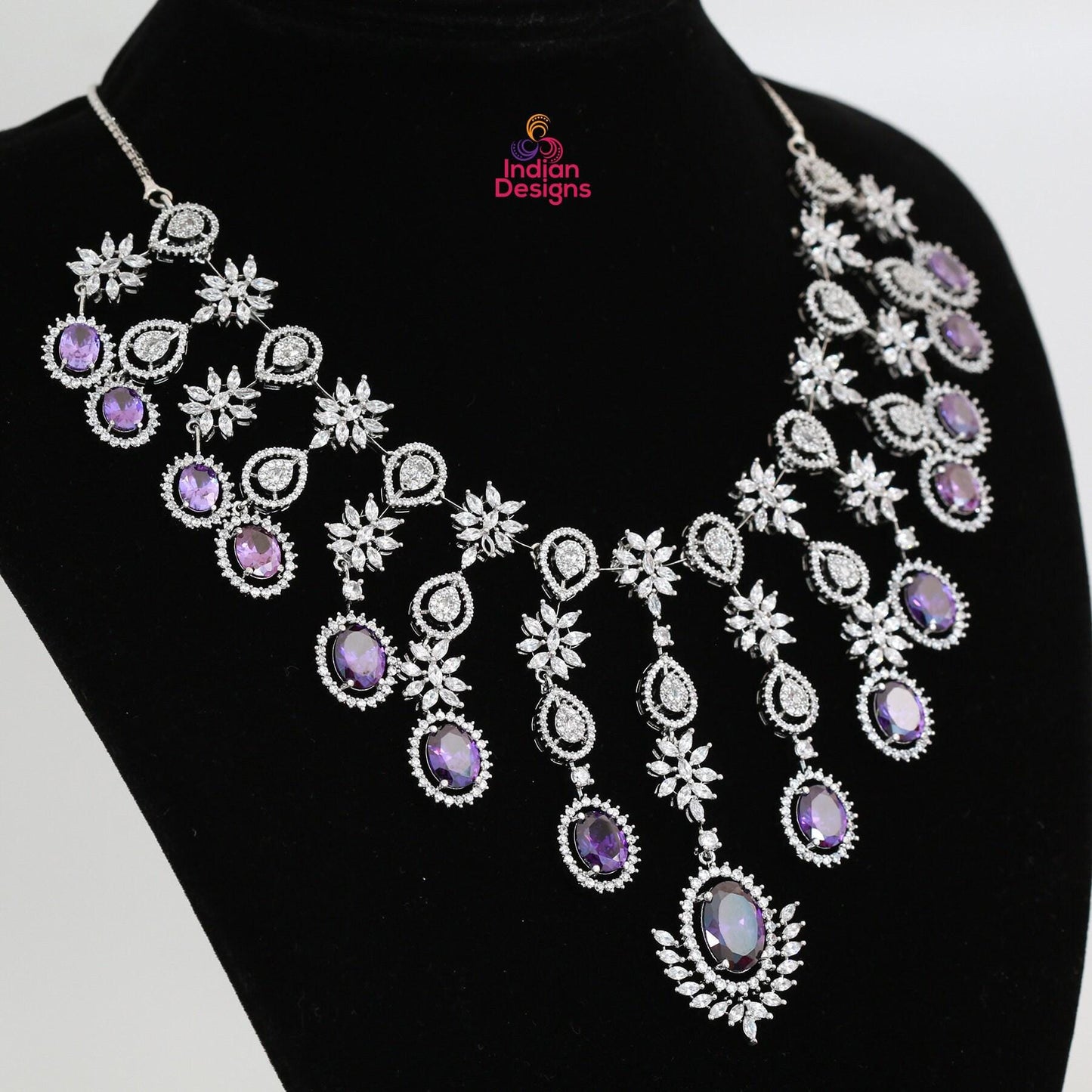 American diamond pink bridal necklace set-silver plated | cz choker necklace for wedding | unique design cubic zirconia wedding necklace set