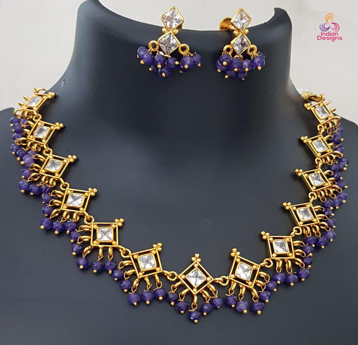 Elegant green beads gold-tone crystal necklace and earrings set| american diamond statement necklace|indian wedding jewelry |gift for her
