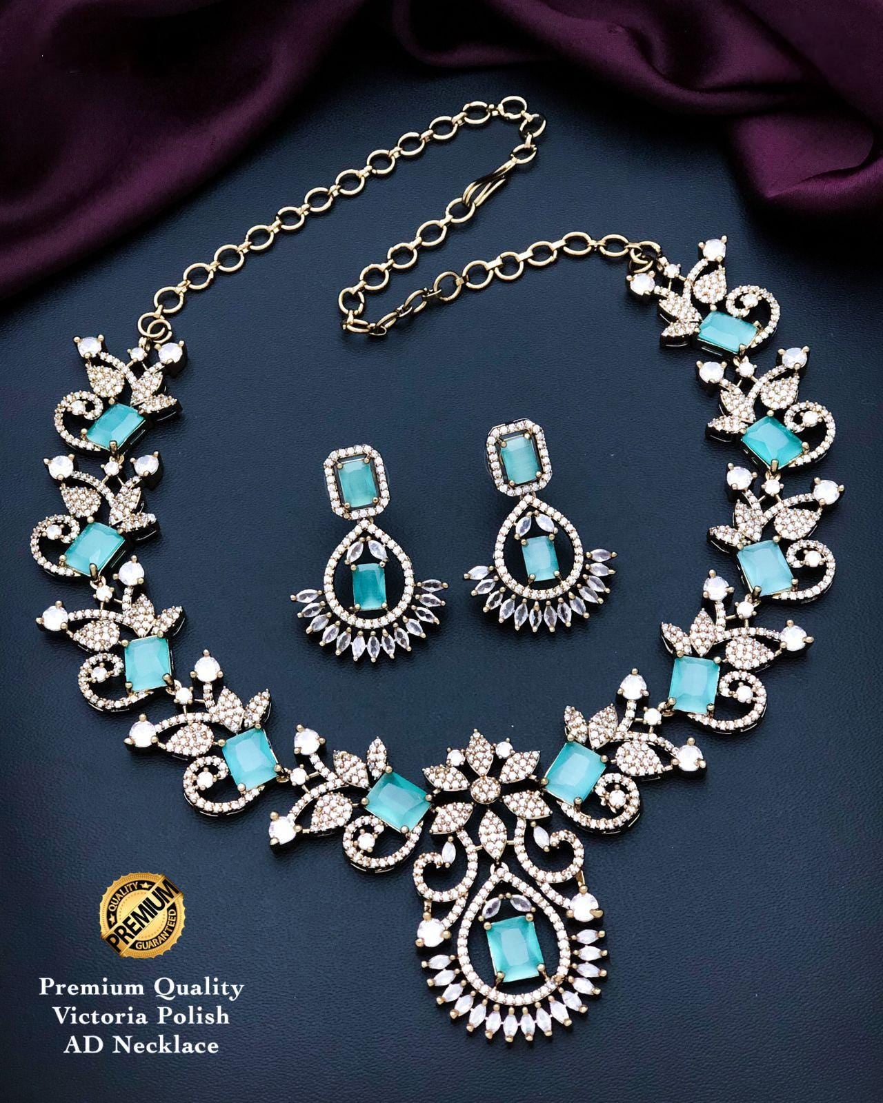 Victorian polish cz diamond necklace set with pink stones| american diamond statement wedding necklace with matching earrings| gift for her