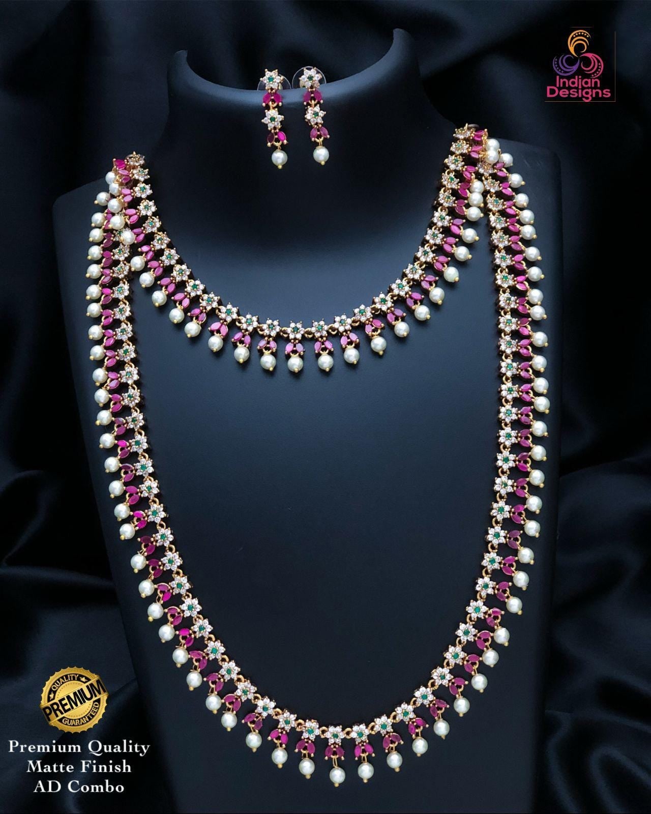 Matte Finish AD Combo Necklace Set | Long & Short Necklace with Earrings | Bridal South Indian Jewelry | Pearl Drop Wedding Set
