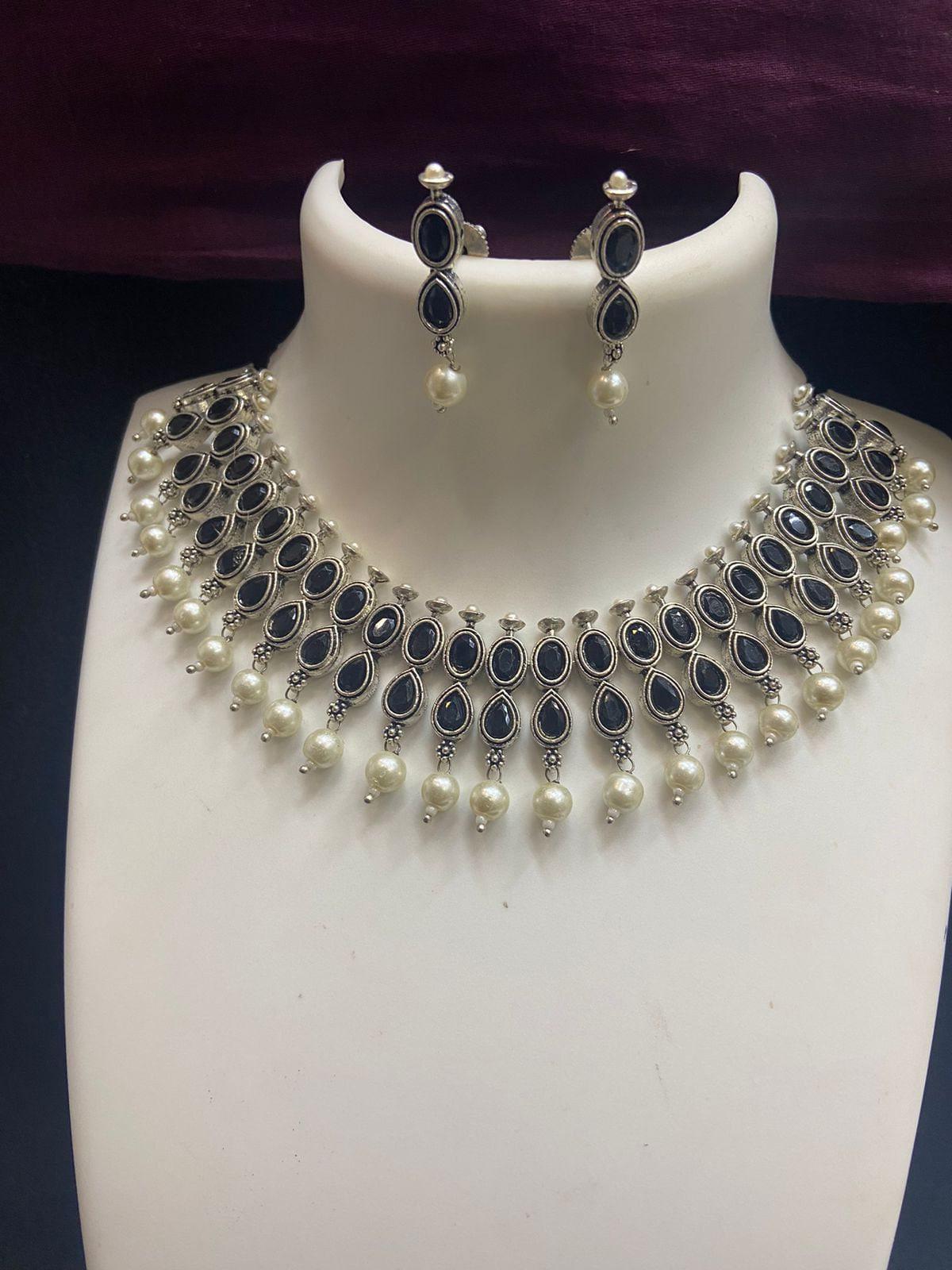 Oxidized German Silver Choker necklace set with stone work | Bollywood style Trend setting Antique silver tone Party wear statement jewelry