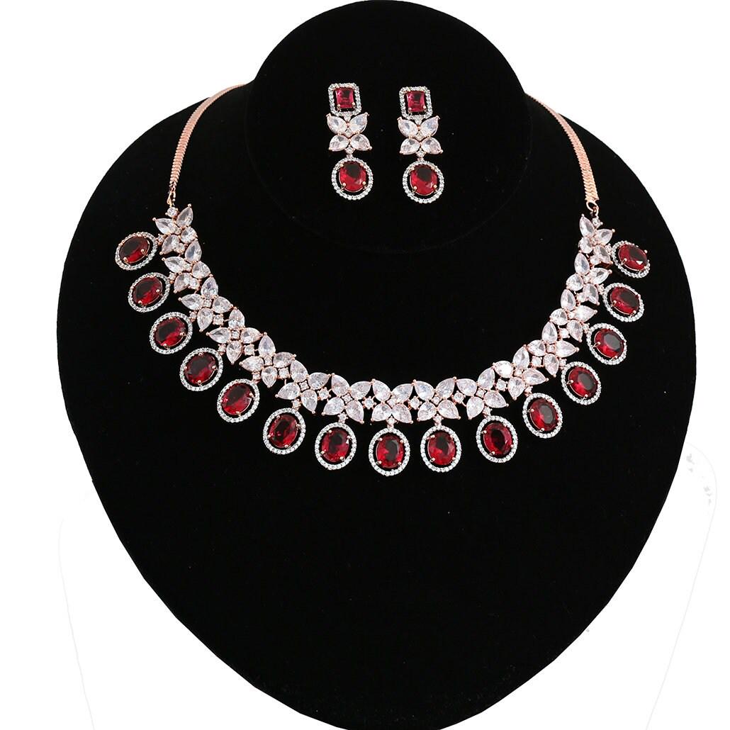 Rose gold polish american diamond topaz/pink/sapphire blue- stone choker necklace earring set| indian wedding jewelry set| gift for her