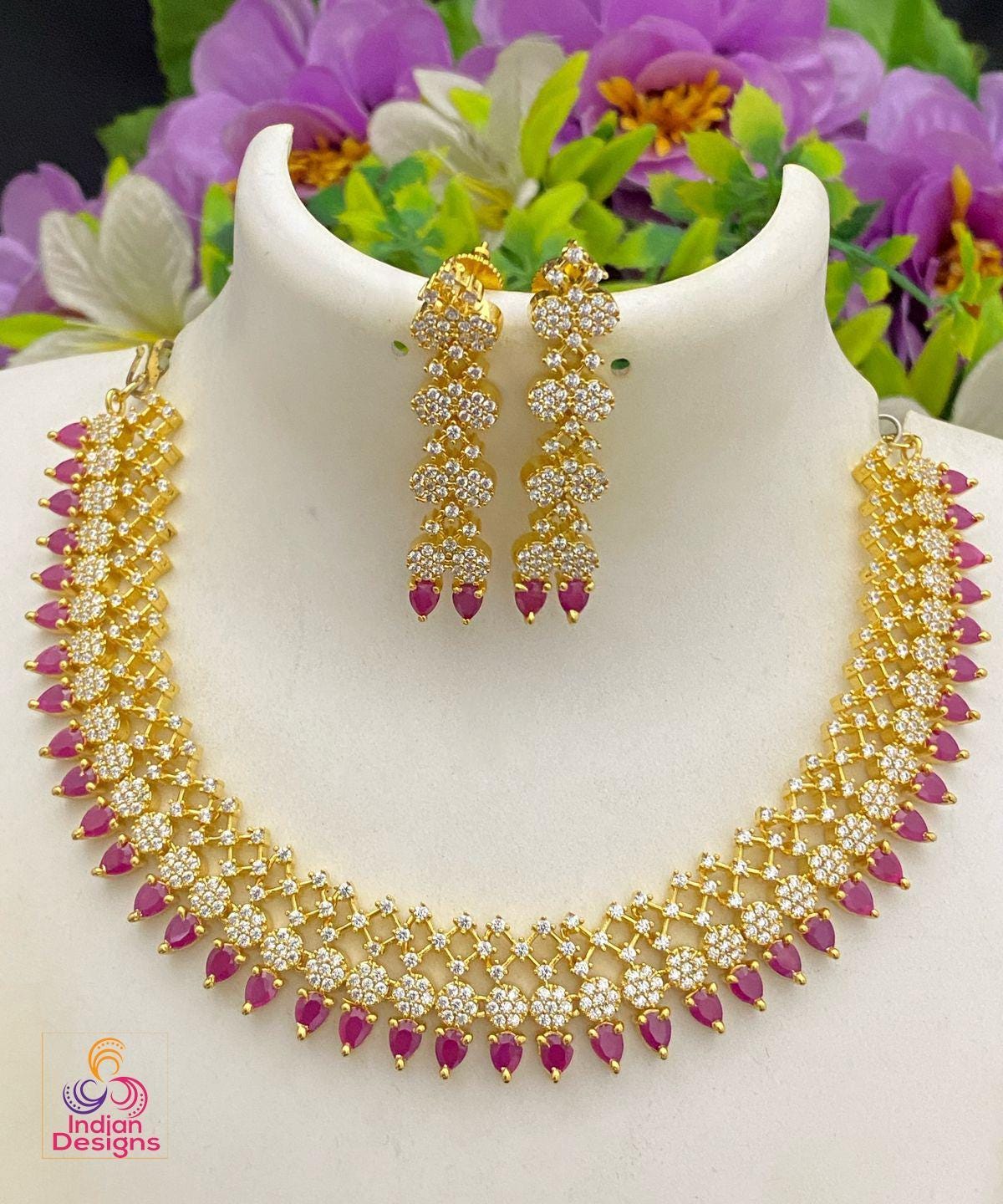 Ruby Pear CZ Necklace & Earrings Set: Gold Plated Indian Bridal Jewelry