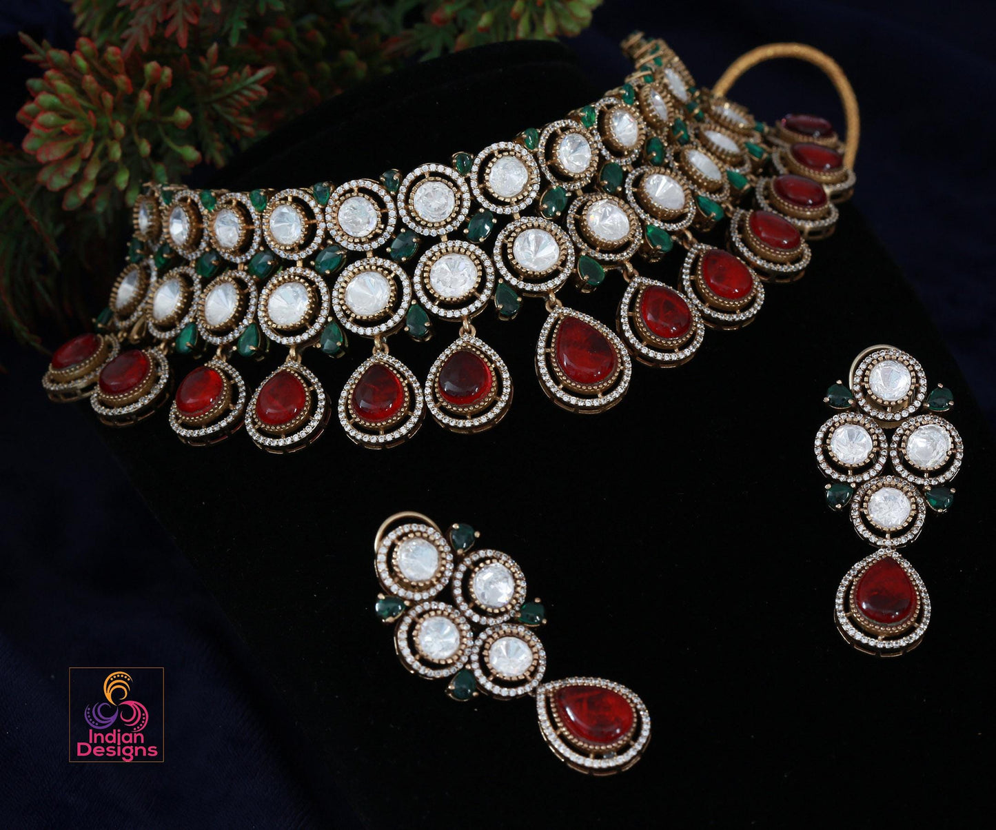 Moissanite kundan choker necklace earring set| victorian polish kundan jewelry| statement choker necklace| wedding jewelry| gift for her