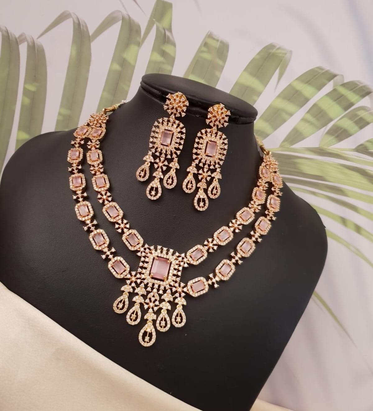 Gold plated american diamond mint green necklace and earring set | two layer ad