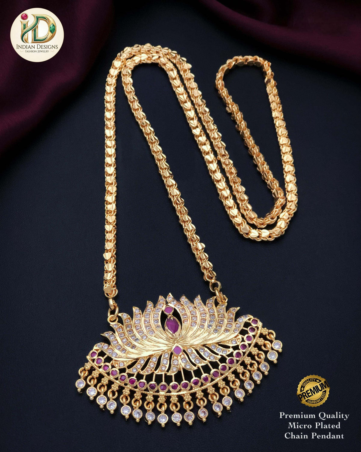 Gold Plated Lotus Pendant Chain Necklace| Traditional American Diamond Ruby Green Pendant Jewelry| South Indian style Wedding Pathakkam