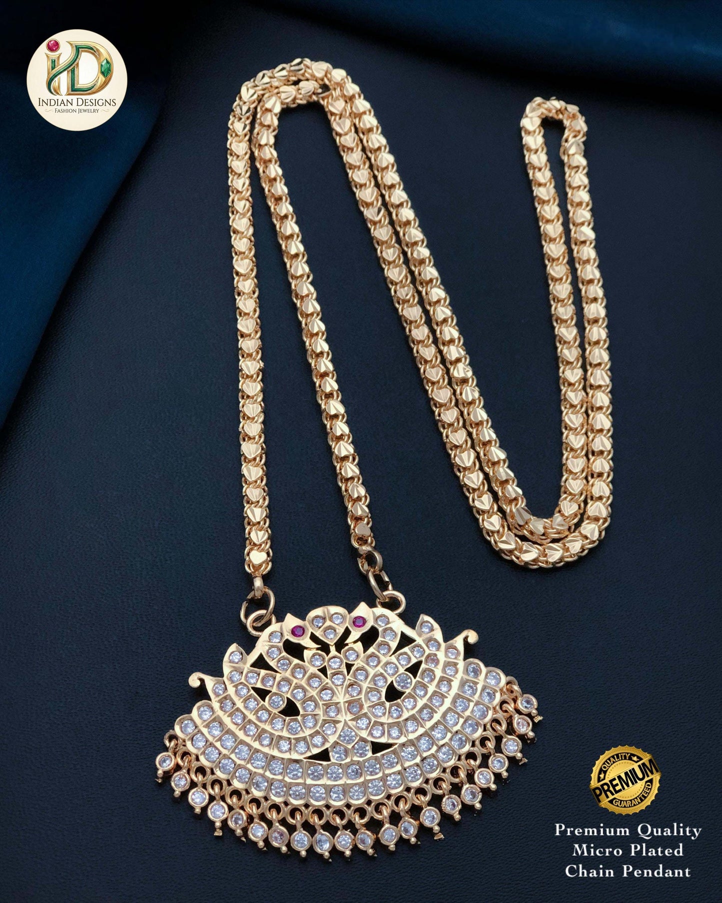 American Diamond Peacock Mugappu| Traditional |South Indian style Gold Plated Daily Wear Mala| Gold Plated Long Necklace & CZ Stone Pendant