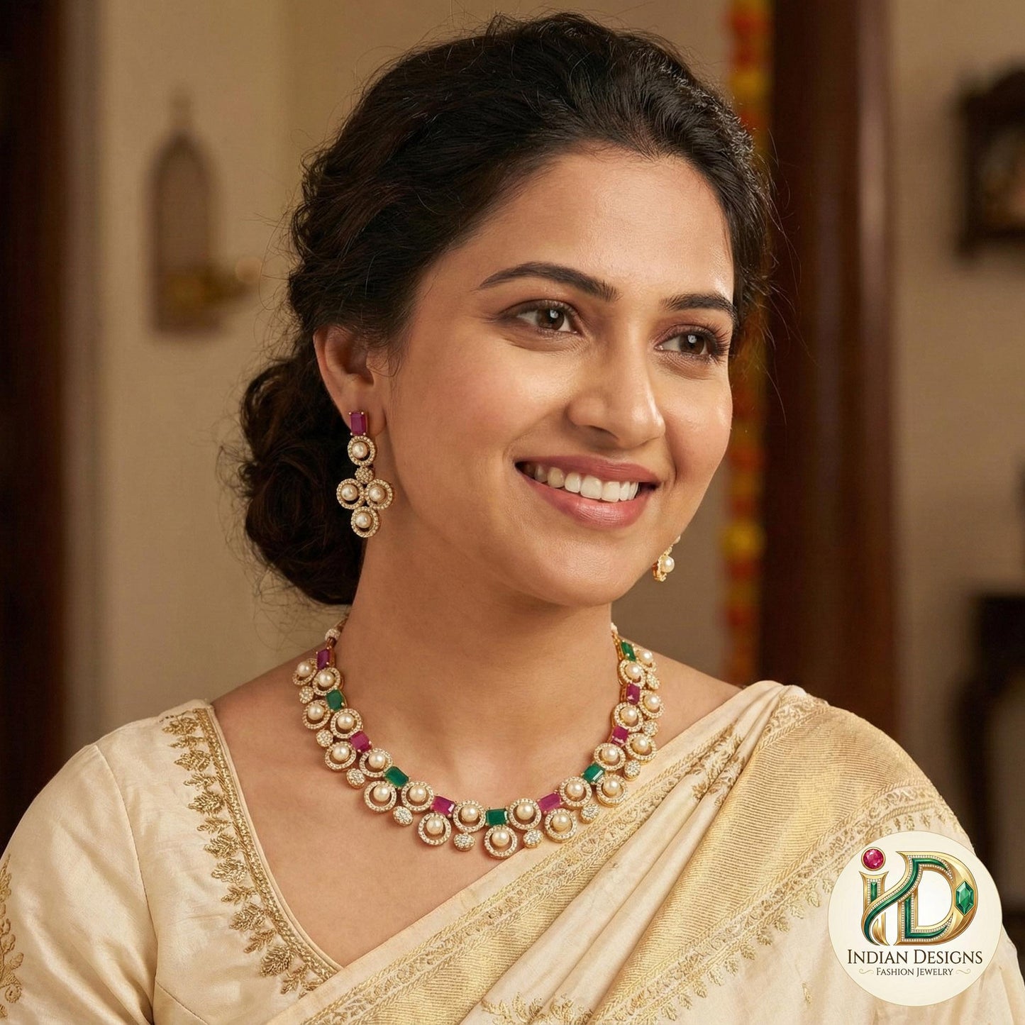 Ruby Emerald Pearl Necklace Set| AD Stone Choker with Earrings| Gold Plated Pearl & CZ Necklace Set|Indian Wedding Jewelry| Gift for Her