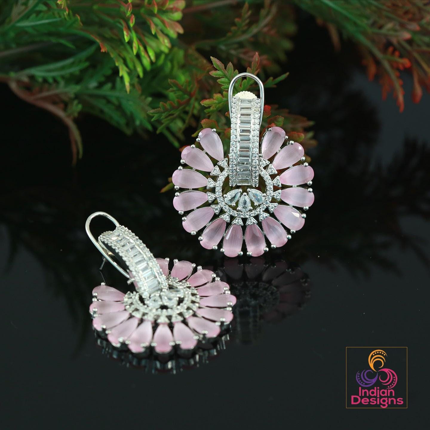 Big flower stud Crystal earrings | Ad stud earrings Peach stones | Rhodium Plated American Diamond stud Earrings | Bollywood style CZ Studs