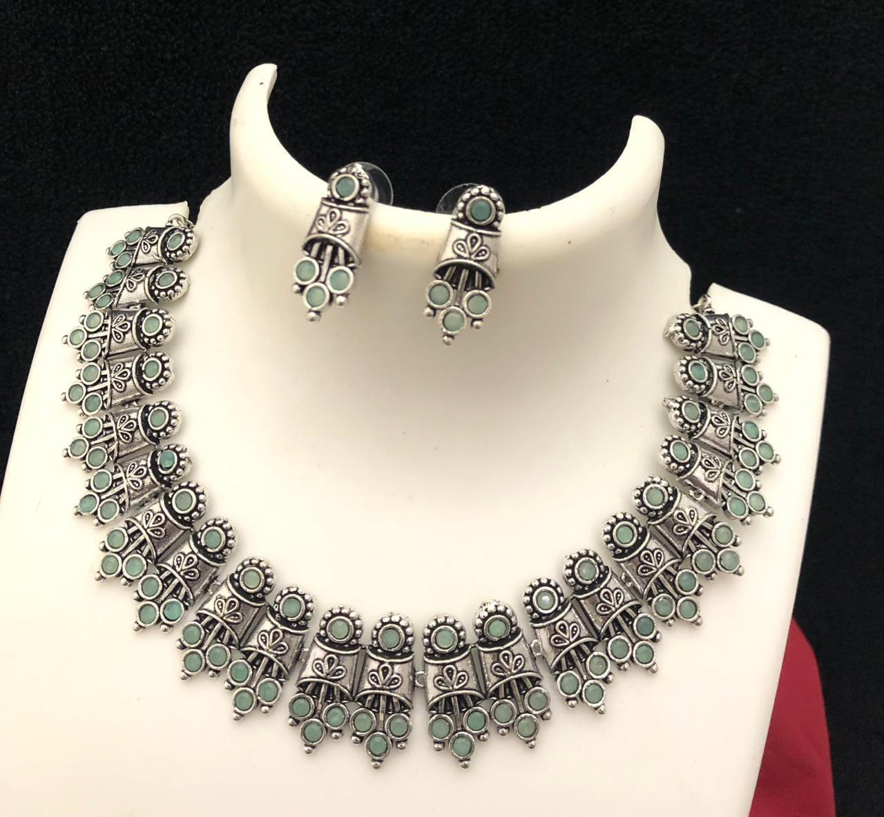 German silver oxidized choker necklace earring set | indian jewelry oxidized necklace with color stones | traditional antique wedding jewelr