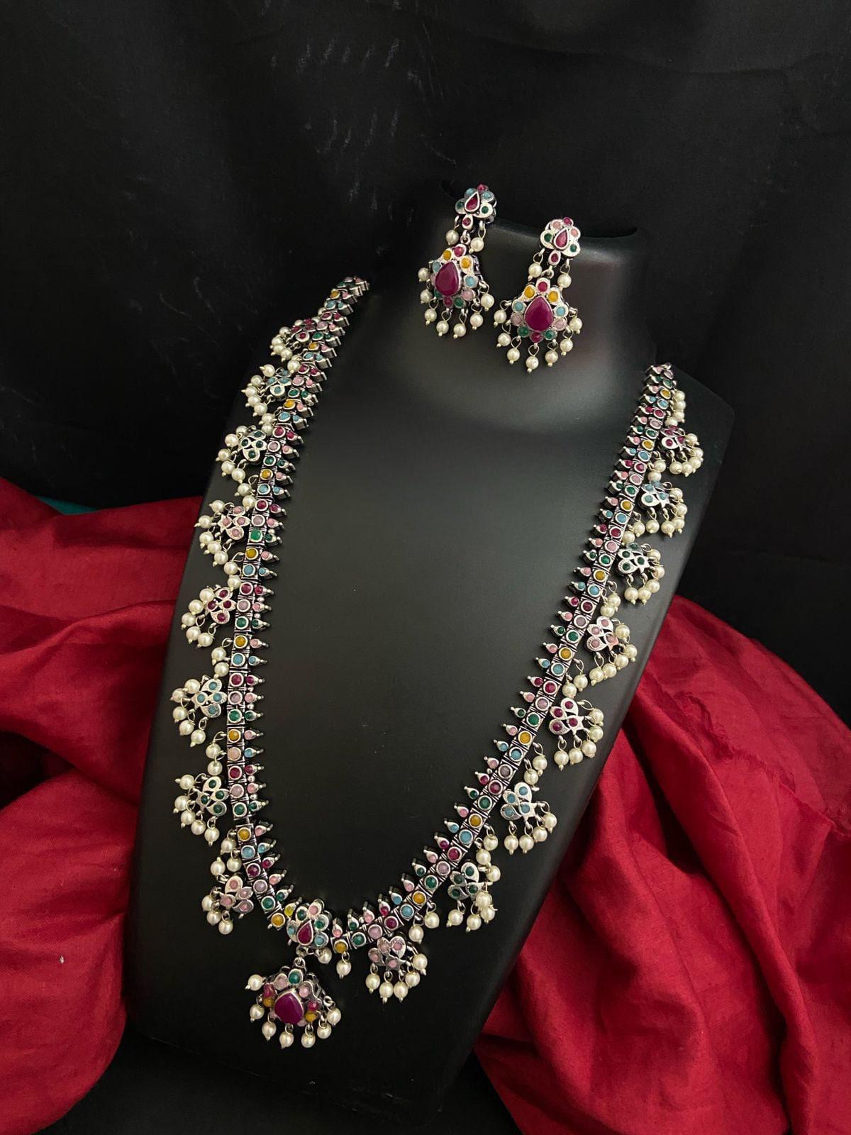 German Silver Oxidized Indian Jewelry Long Necklace Earring set, Antique Silver Wedding necklace with pearl hangings, Boho Jewelry set