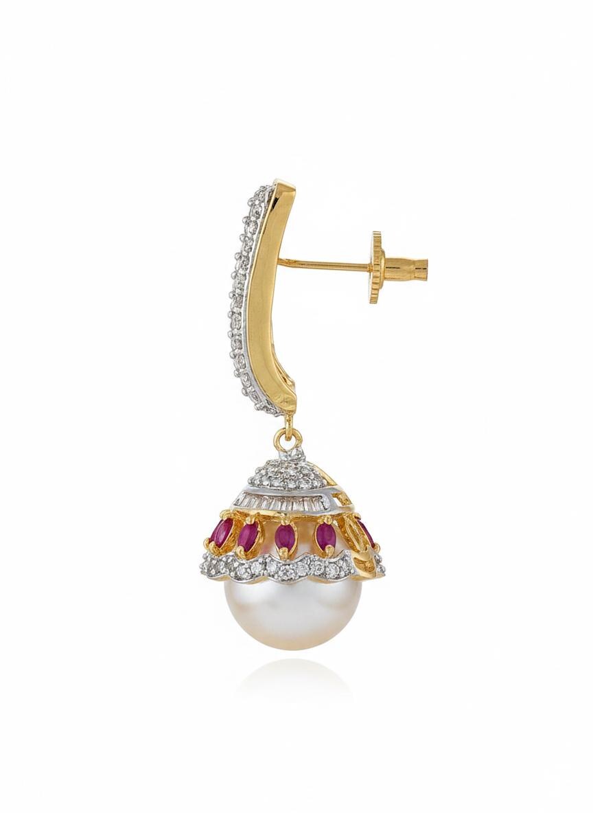 AD Gold Pearl Jhumka Earrings| Pearl Drop Jhumki| Earrings with Ruby Accent| Statement Boho Wedding Jewelry| Gift for her