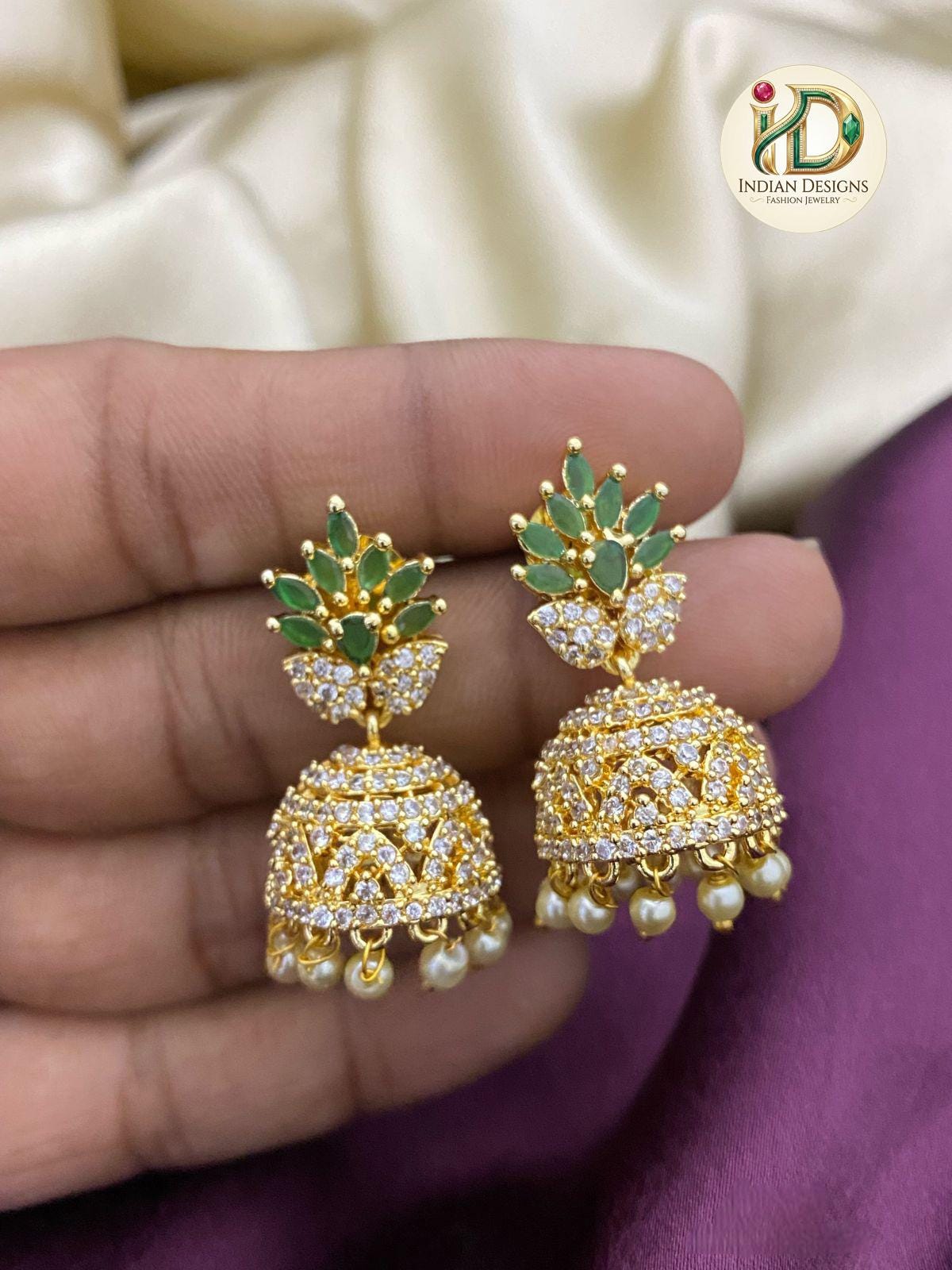 AD Jhumka Earrings with Pearl Drops| Gold Plated American Diamond Earrings| Traditional Indian Ethnic Jhumkis| Gift for her