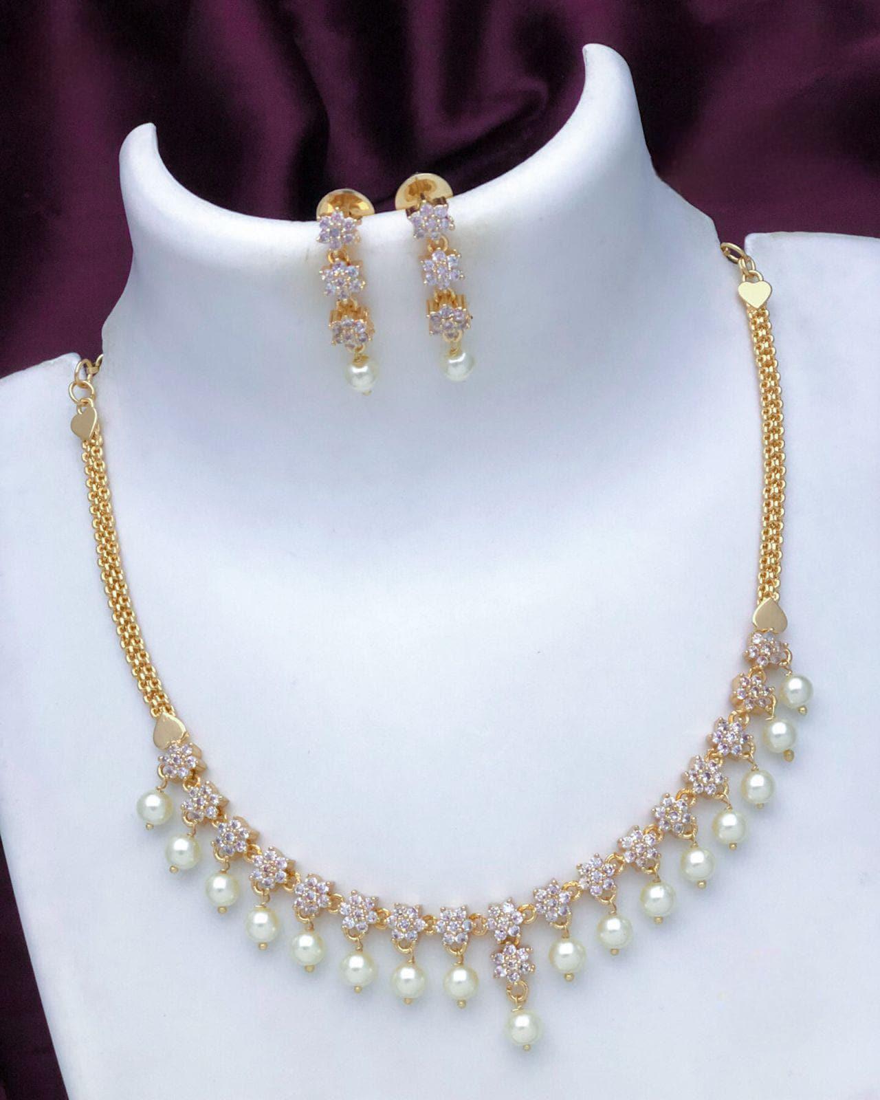 American diamond multi-color stone necklace and earring set| gold plated floral design simple necklace| bollywood style cz set| gift for her