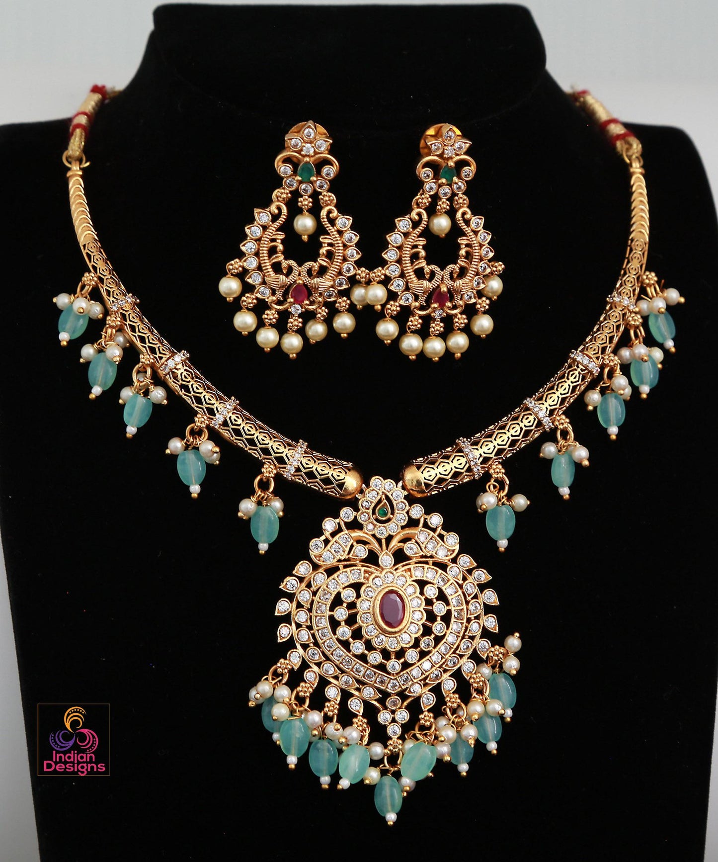 Antique gold ruby & green necklace earrings set| traditional ad stone choker| south indian wedding party wear jewelry set | gift for her
