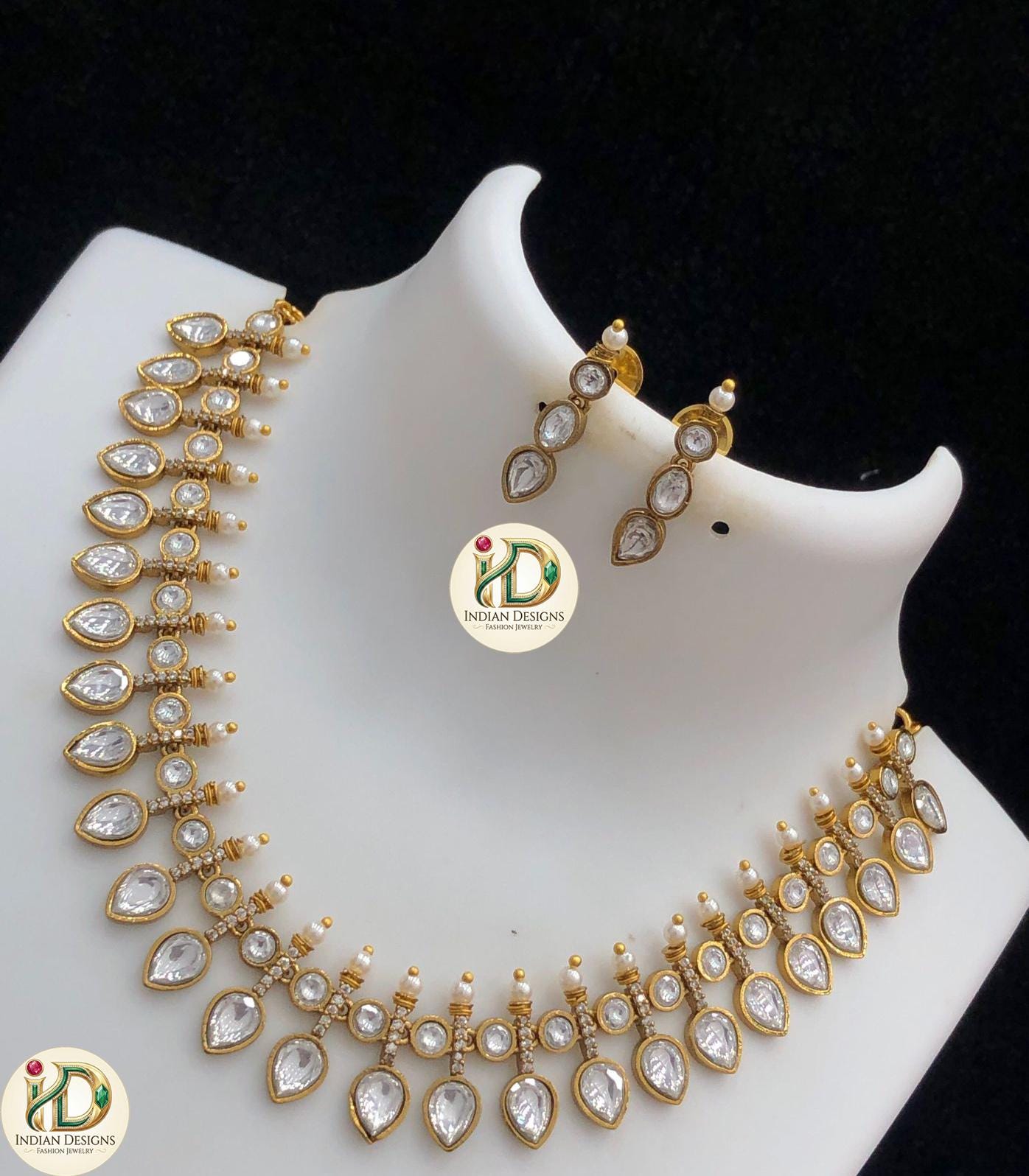Indian AD Choker Necklace Set| Matte Gold Teardrop Bridal Jewelry| Kundan CZ Wedding Necklace| Desi Bridal Set USA| Party wear jewelry