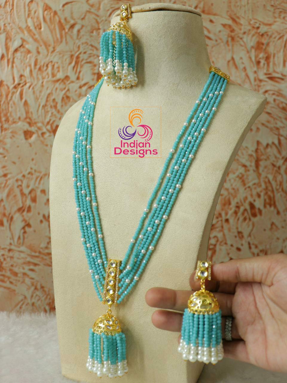 Pink beads long jhumka necklace |multi stranded rani haar indian bollywood necklace and jhumka earrings |wedding party jewelry |gift for her