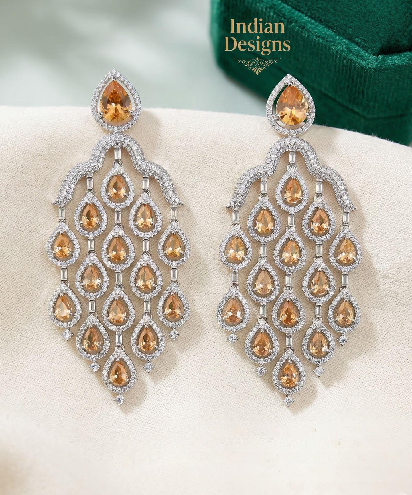 Silver Champagne Topaz Chandelier Earrings| Indian CZ Statement Earrings| Handcrafted American Diamond Teardrop Earrings| Gift for her
