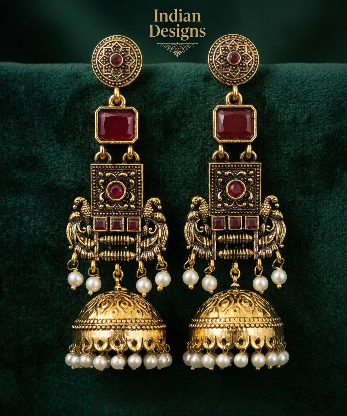 Antique Gold long Jhumka Earrings| temple style pearl drop stone earrings| traditional traditional indian wedding jewelry| Baby Pink & Green