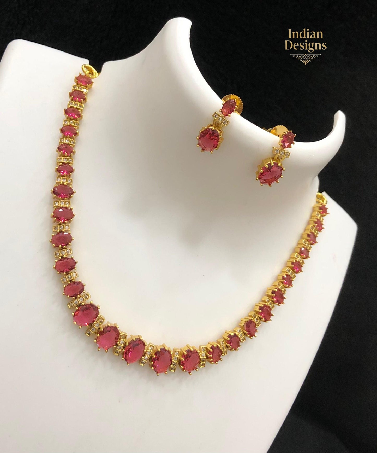 Oval CZ stone Tennis Necklace Set with Earrings| Gold Plated Jewelry Set in Blue, Green, Red, Purple CZ| Wedding Bridal Jewelry|Gift for Her