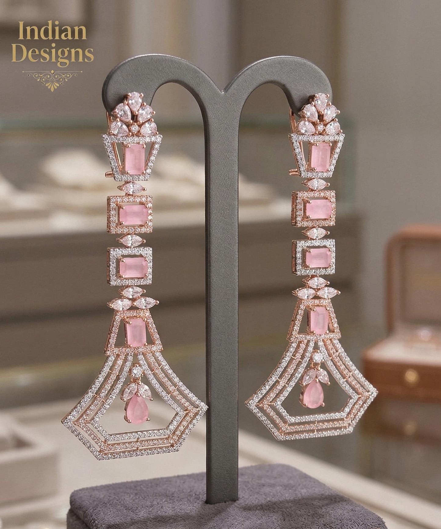 Art Deco Geometric Drop Earrings in 18K Rose Gold Finish| Long Statement Dangle Earrings for wedding| Emerald Pink Sapphire Bridal Jewelry