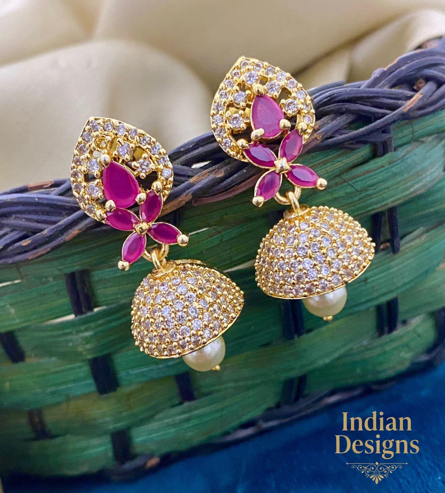 Gold Plated Small Peacock jhumka earrings | Gold tone Ad Bridal jhumka earrings | South Indian wedding earrings | AmericanDiamond earrings