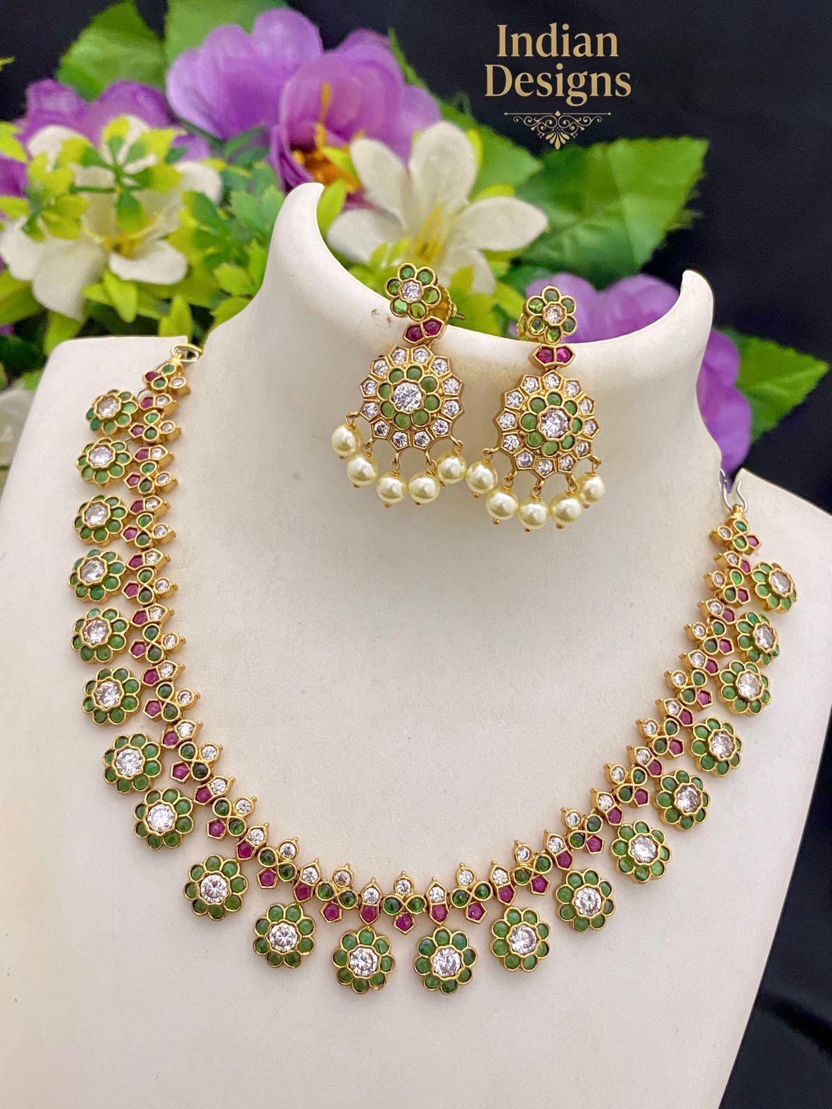 Kemp Stone Necklace Set with Jhumka Earrings| Antique Gold Plated Choker for Weddings| Guttapusalu Style Floral Jewelry Set | Gift for Her