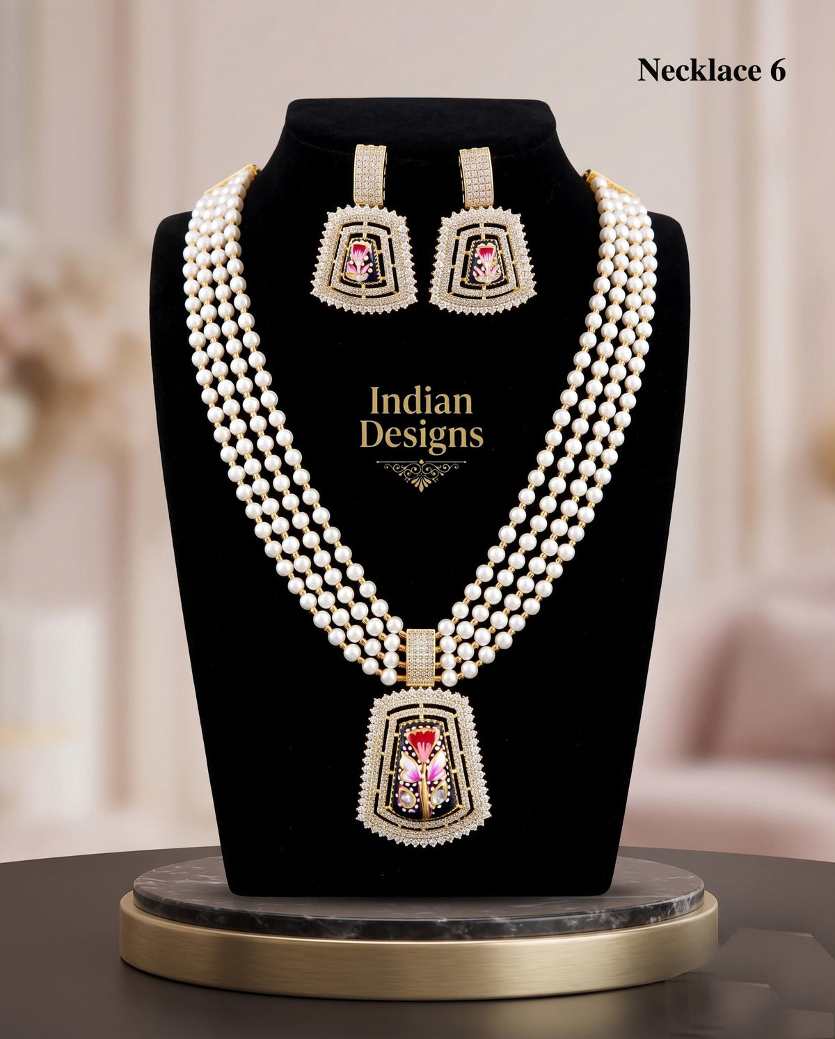 Multi strand pearl layered necklace| Synthetic Pearl Mala for Weddings & Bridal Wear| Hand-Painted Floral Enamel Pendant Set| gift for her