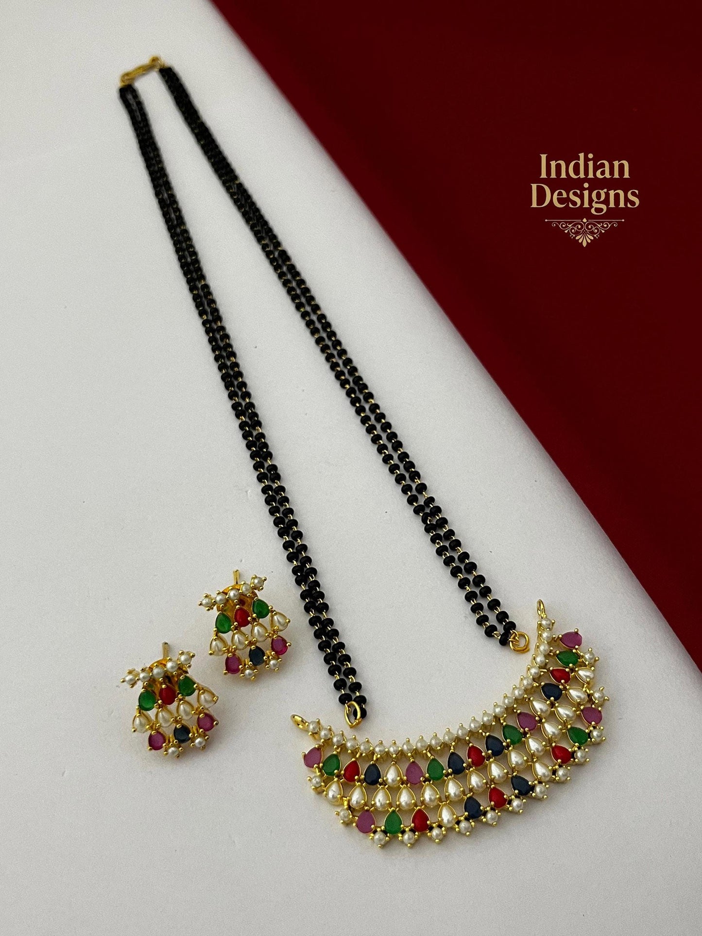 Indian Mangalsutra Necklace Set with Earrings| Gold Plated Black Bead Chain| Crescent Chandbali Pendant| Ruby Emerald Pearl Jewelry| gift