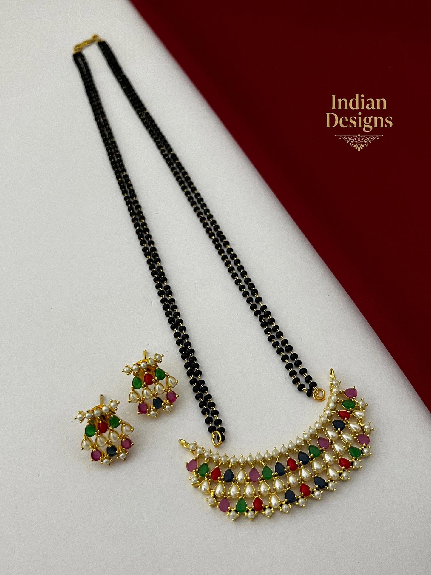 Indian Mangalsutra Necklace Set with Earrings| Gold Plated Black Bead Chain| Crescent Chandbali Pendant| Ruby Emerald Pearl Jewelry| gift