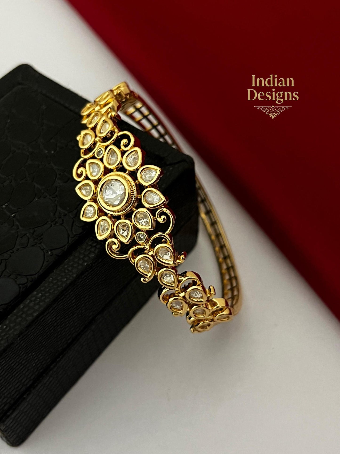 Indian Gold Plated Floral Kada Bangle| Kundan Stone Openable Bracelet| Traditional South Indian Jewelry| Kundan Bangle| Gift for Her
