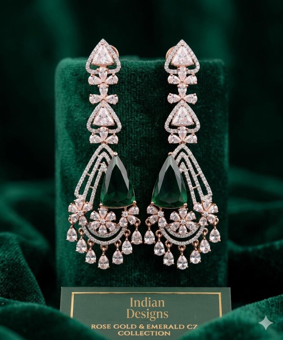 Rose Gold Emerald Chandbali Earrings| 3.5" Long CZ Diamond Floral Drop Earrings| Statement Dangle Earrings in Pink, Blue,Green| Gift for Her