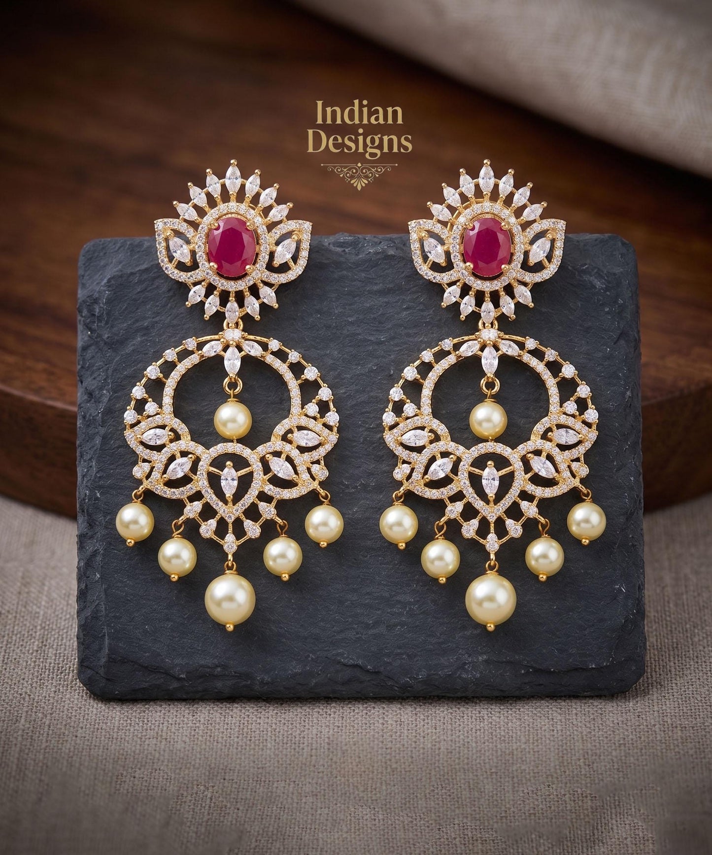 Luxury Ruby Pearl Chandelier Earrings| Gold Plated Statement Drop Earrings| Indian Bridal Earrings| Wedding party earrings| Gift for her