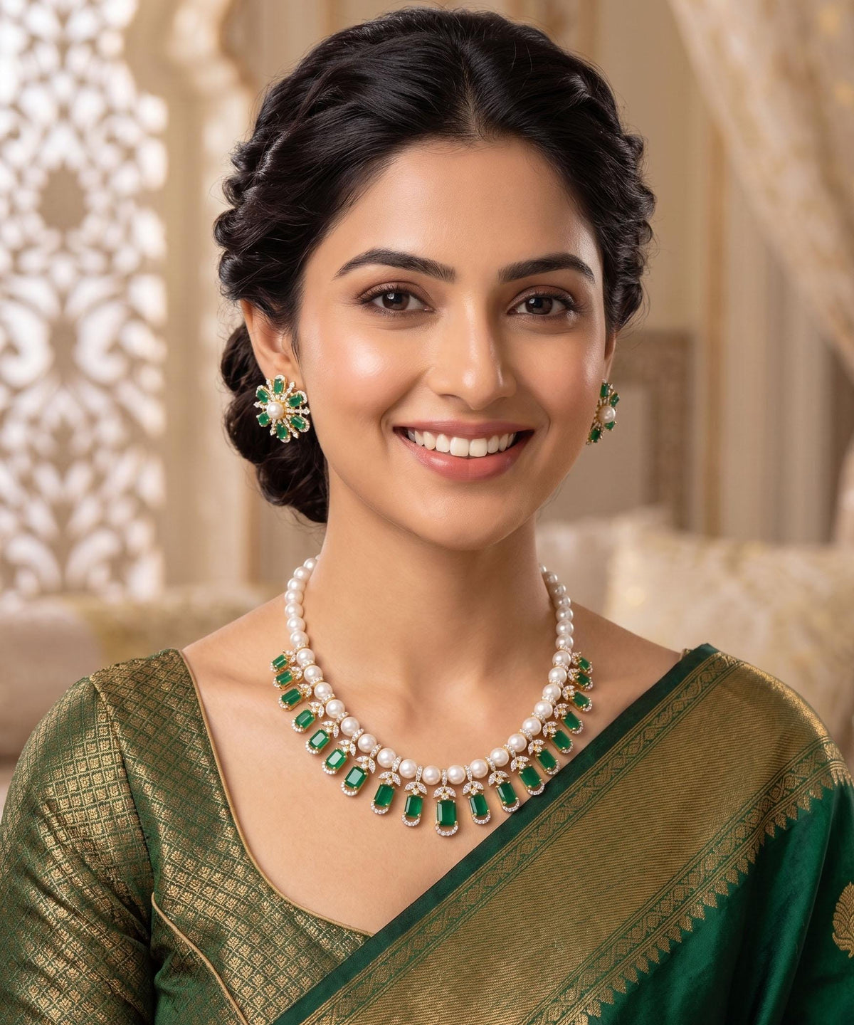 Indian Bridal Necklace and Earrings Set| Ruby Green Pearl Necklace Set| Choker Wedding Jewelry Set| Statement Party Necklace gift for her