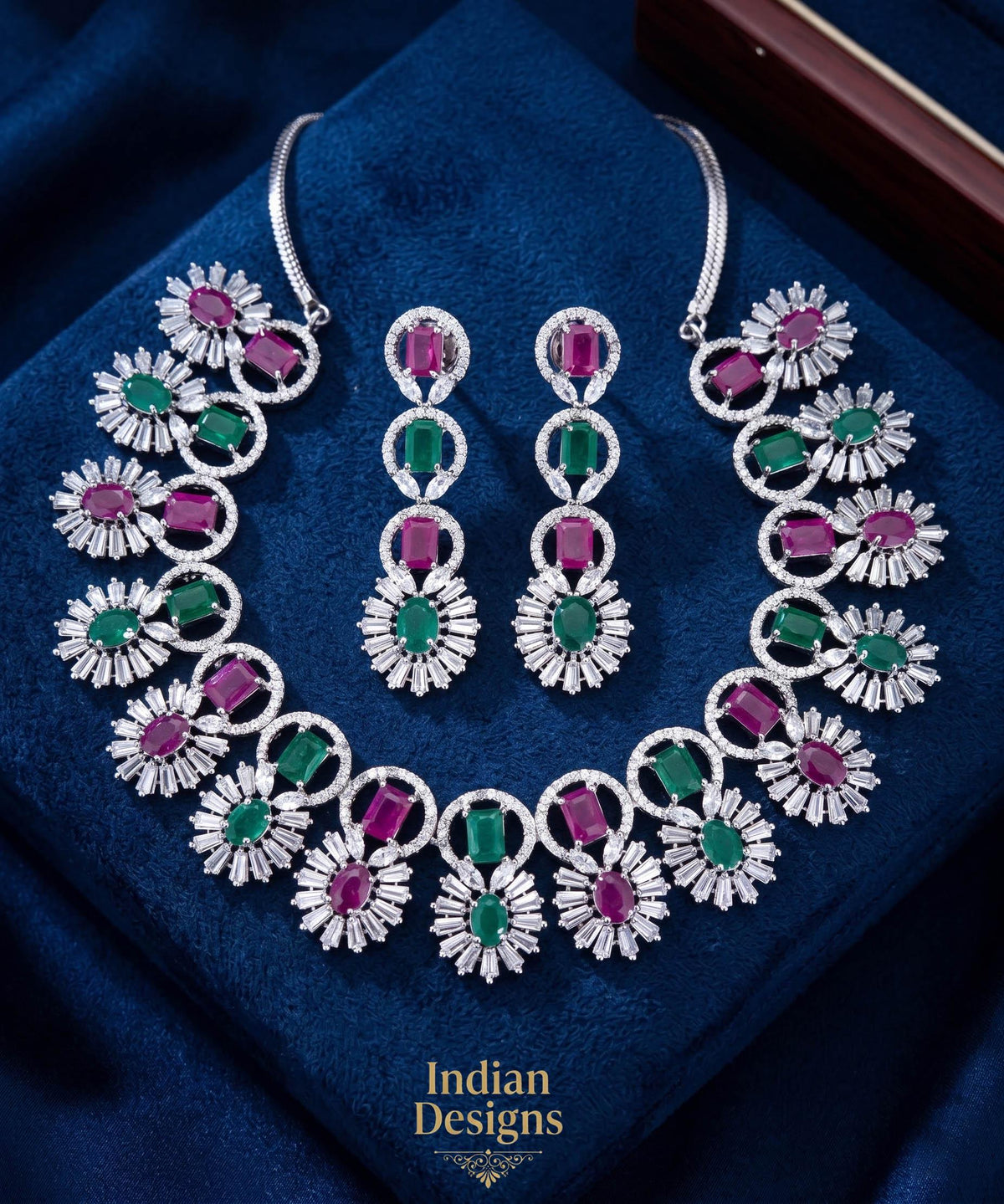 American Diamond Statement Necklace and Earrings Set| Emerald Ruby / Champagne Stone Bridal Jewelry| Indian Wedding Choker Set| gift for her