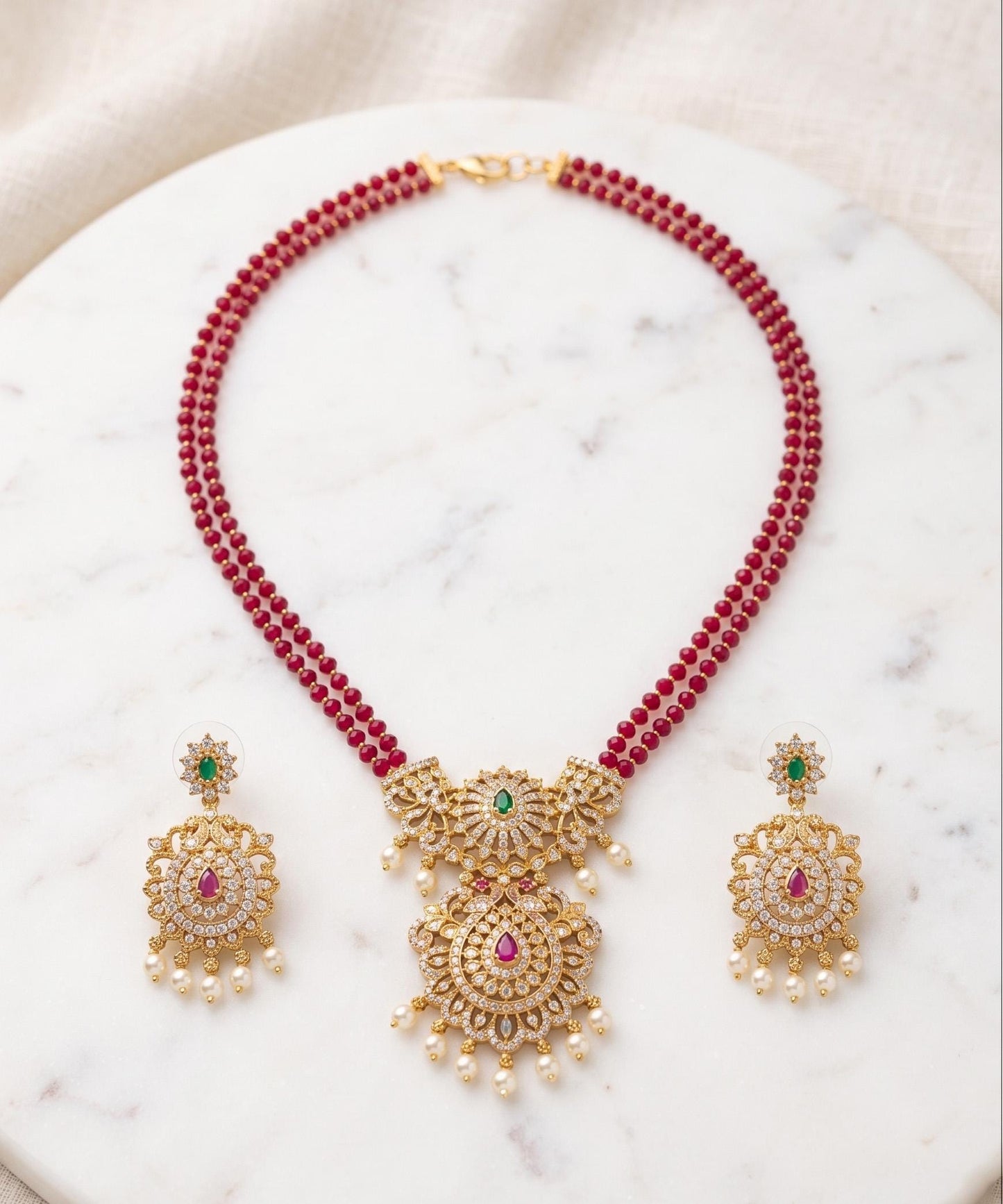 Traditional Indian Gold-Plated Double Layer Beaded Necklace & Earrings| Wedding Wear Mangalsutra for Women |Temple Jewelry SetGift for Her